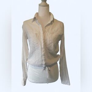 White Cotton Sheer Shirt Cropped Button Up Long Sleeve Top size XS